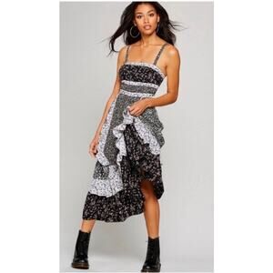 Free People Yesica Floral Print Ruffle Trim Patchwork Midi Dress, Sz 8